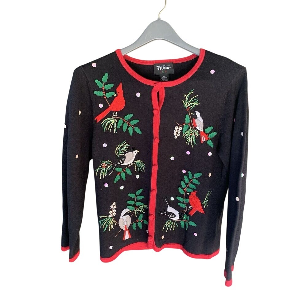 Women's PL Designers Originals Joy Red Cardinal Bird  Holiday‎  Button Cardigan